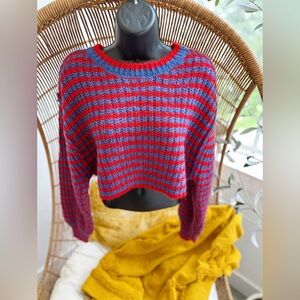 Zara Wool Alpaca Blend Red Blue Striped Cropped Long Ballon Sleeves Knit Sweater
